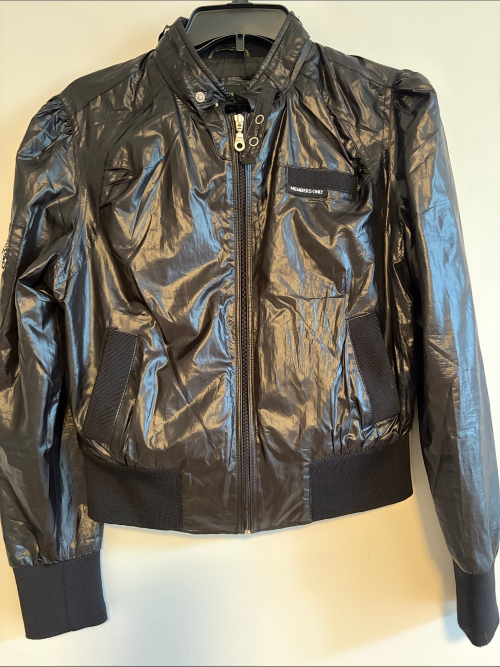Members Only Shiny Black Women's Bomber Jacket with Ribbed Trim